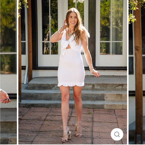 Storia Dresses & Skirts - STORIA| White Cutout Front and Shoulder Tie Smocked Ruffle  Dress